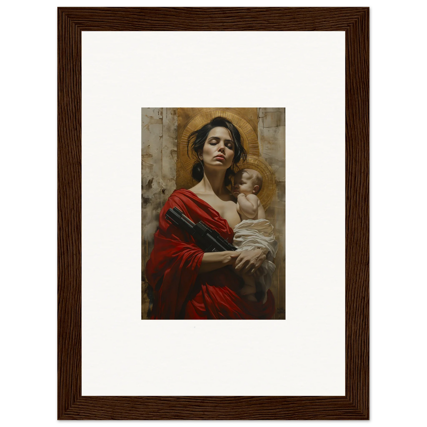 Framed wall art of a woman in red holding a baby, ideal for room decor