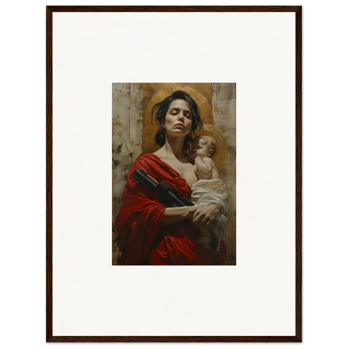 Framed wall art of a woman in a red robe holding a baby, perfect for room decor