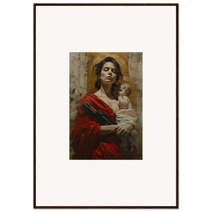 Framed wall art of a woman in red holding a baby, perfect for room decor