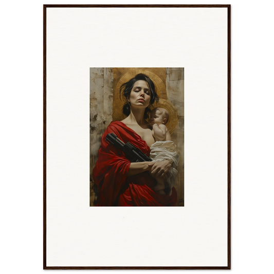 Framed wall art of a woman in red holding a baby, perfect for room decor