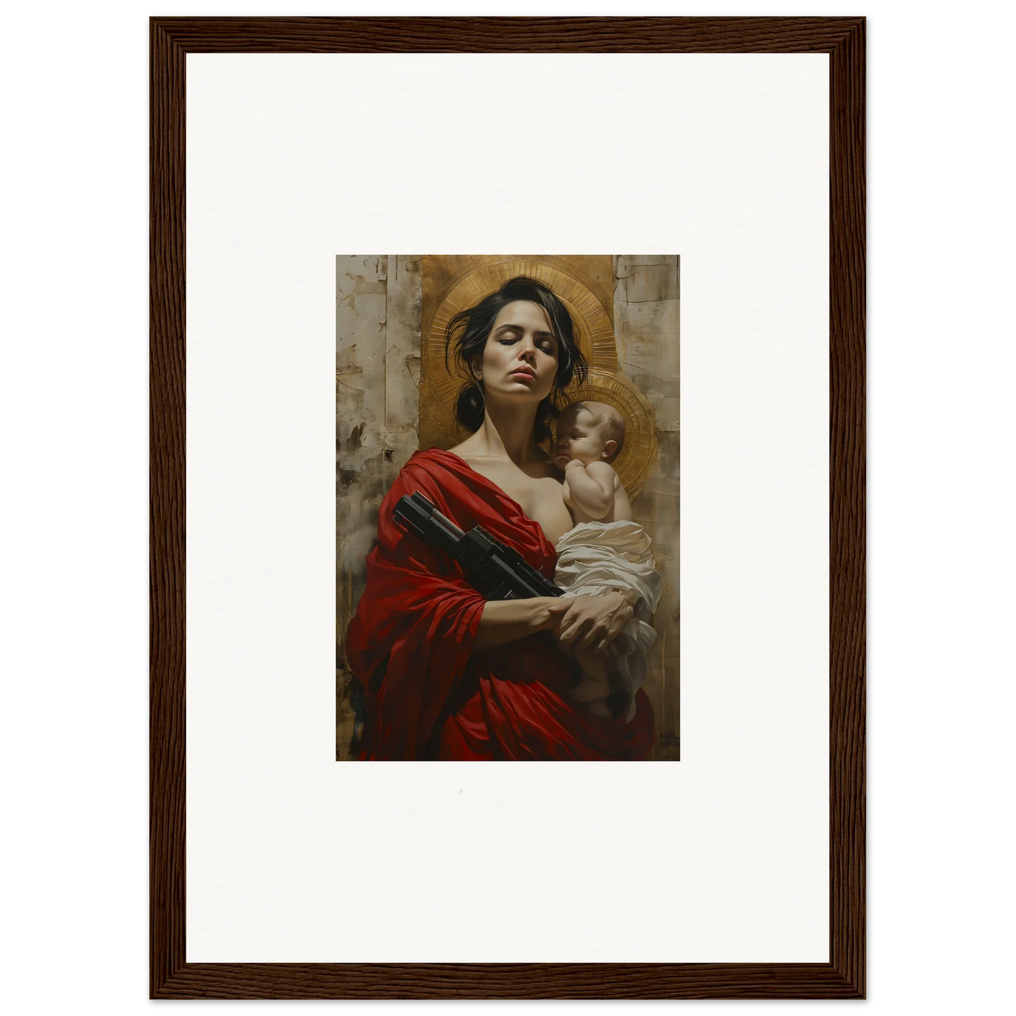 Framed wall art of a woman in a red robe with a baby, perfect for room decor