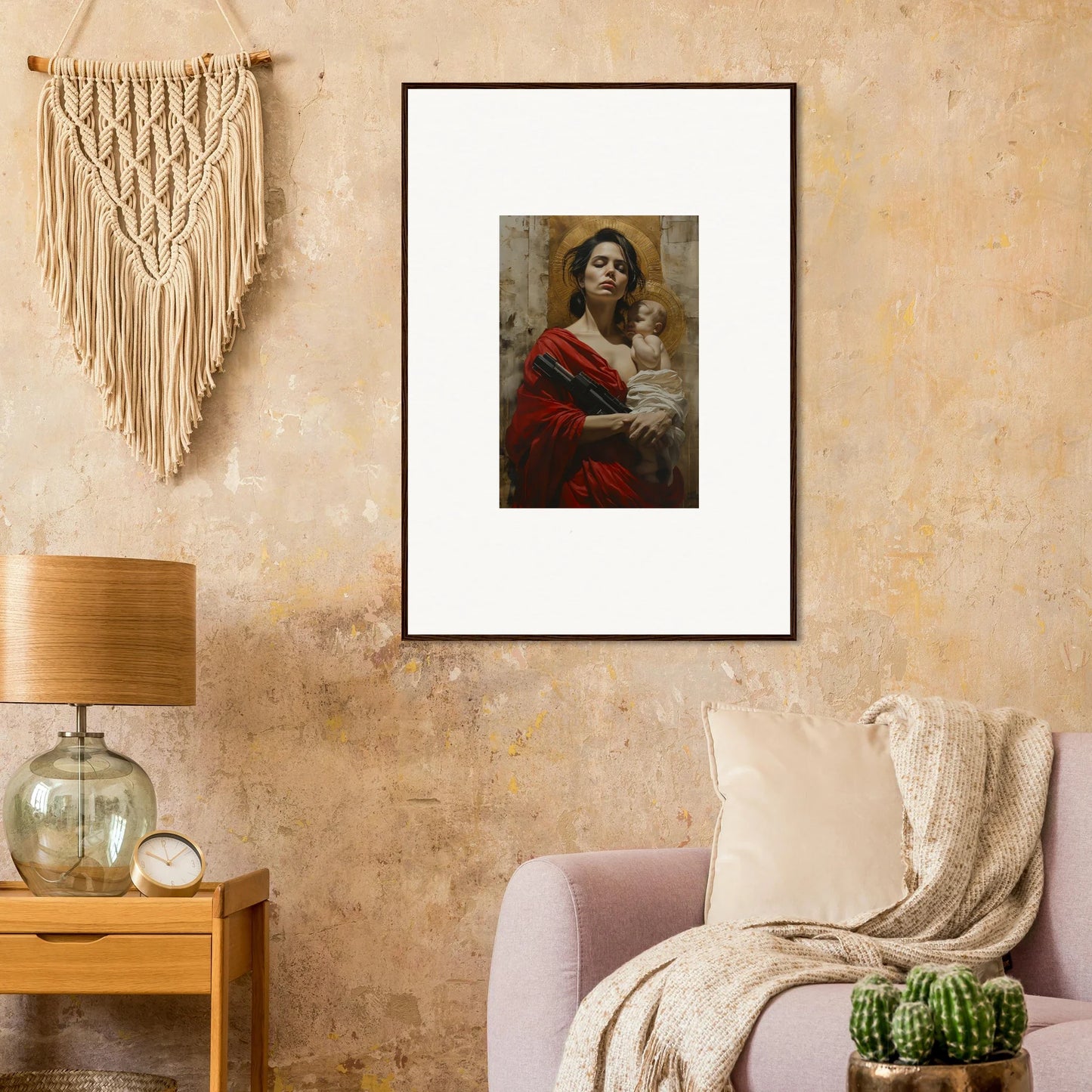 Framed wall art of a woman in red with a child, perfect for room decor