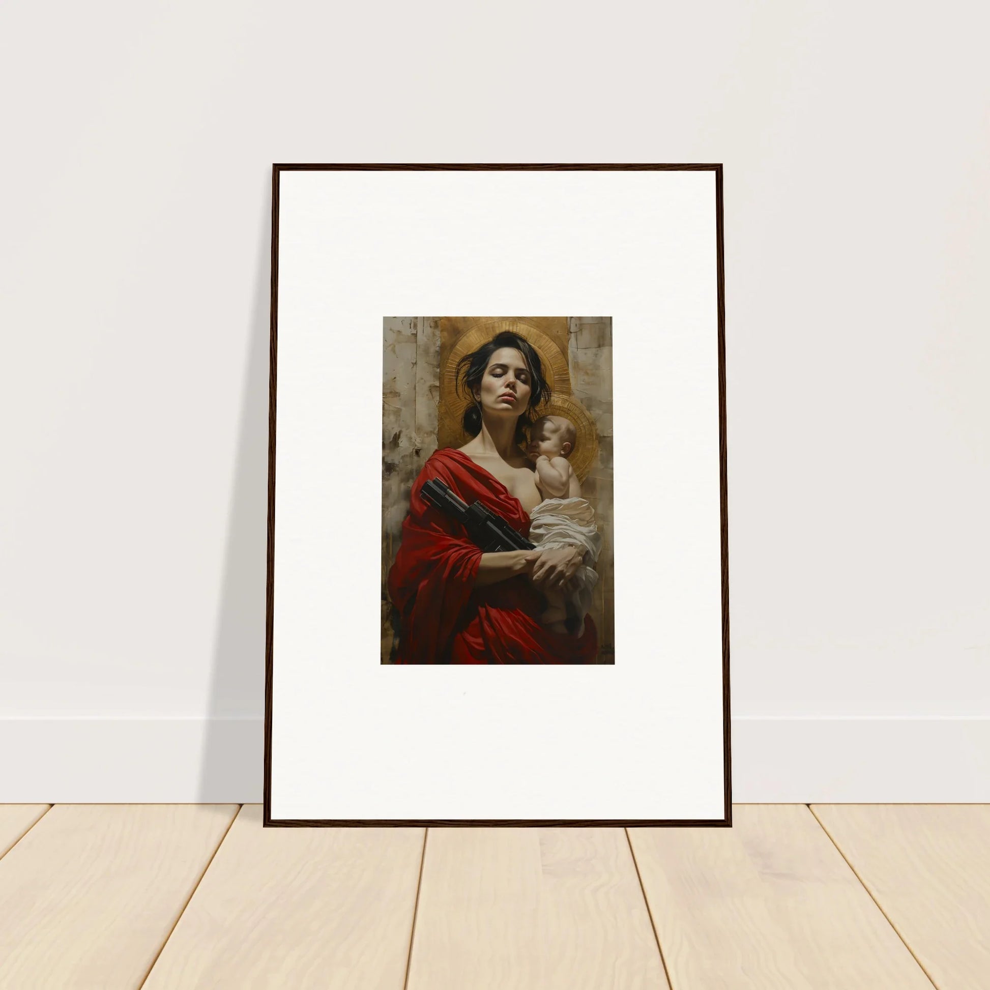 Framed wall art of a woman in red holding a baby, ideal for room decor