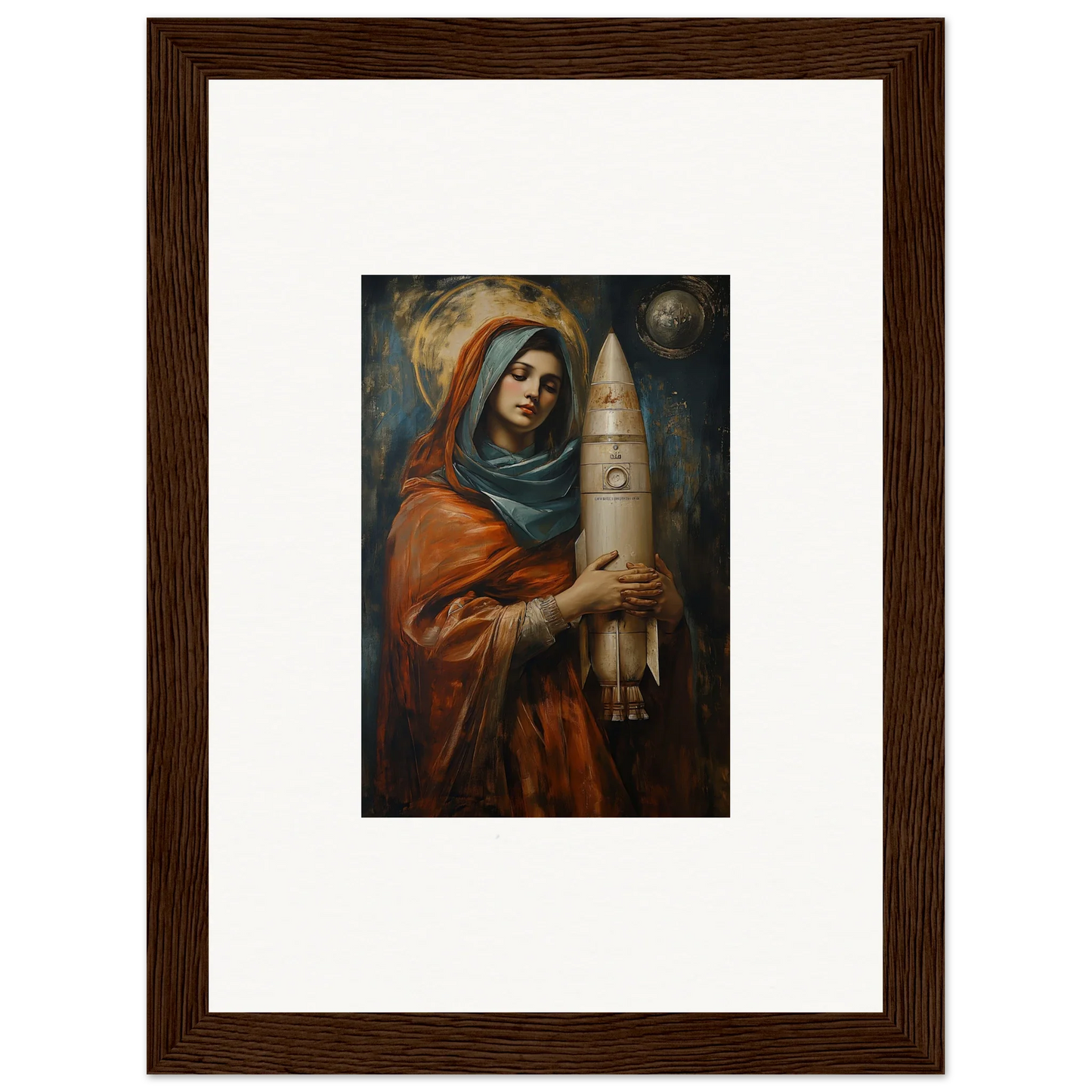 Framed wall art of a woman in religious attire with a rocket for unique room decor