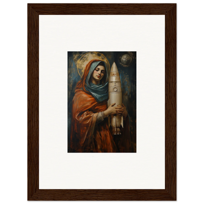 Framed wall art of a woman in religious attire with a rocket for unique room decor