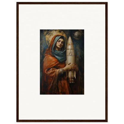 Framed wall art of a woman in religious attire with a rocket, perfect for Quantum Atelier room decor