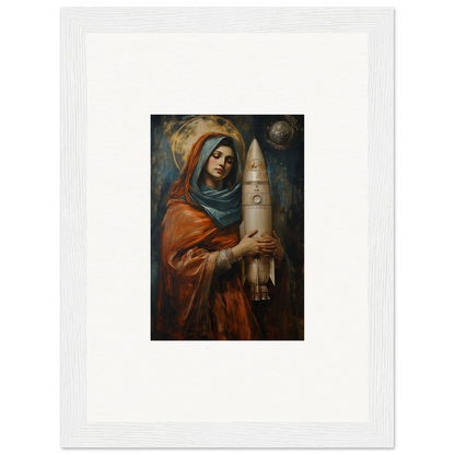 Framed wall art of a woman in robes with a cylindrical object for Quantum Atelier room decor