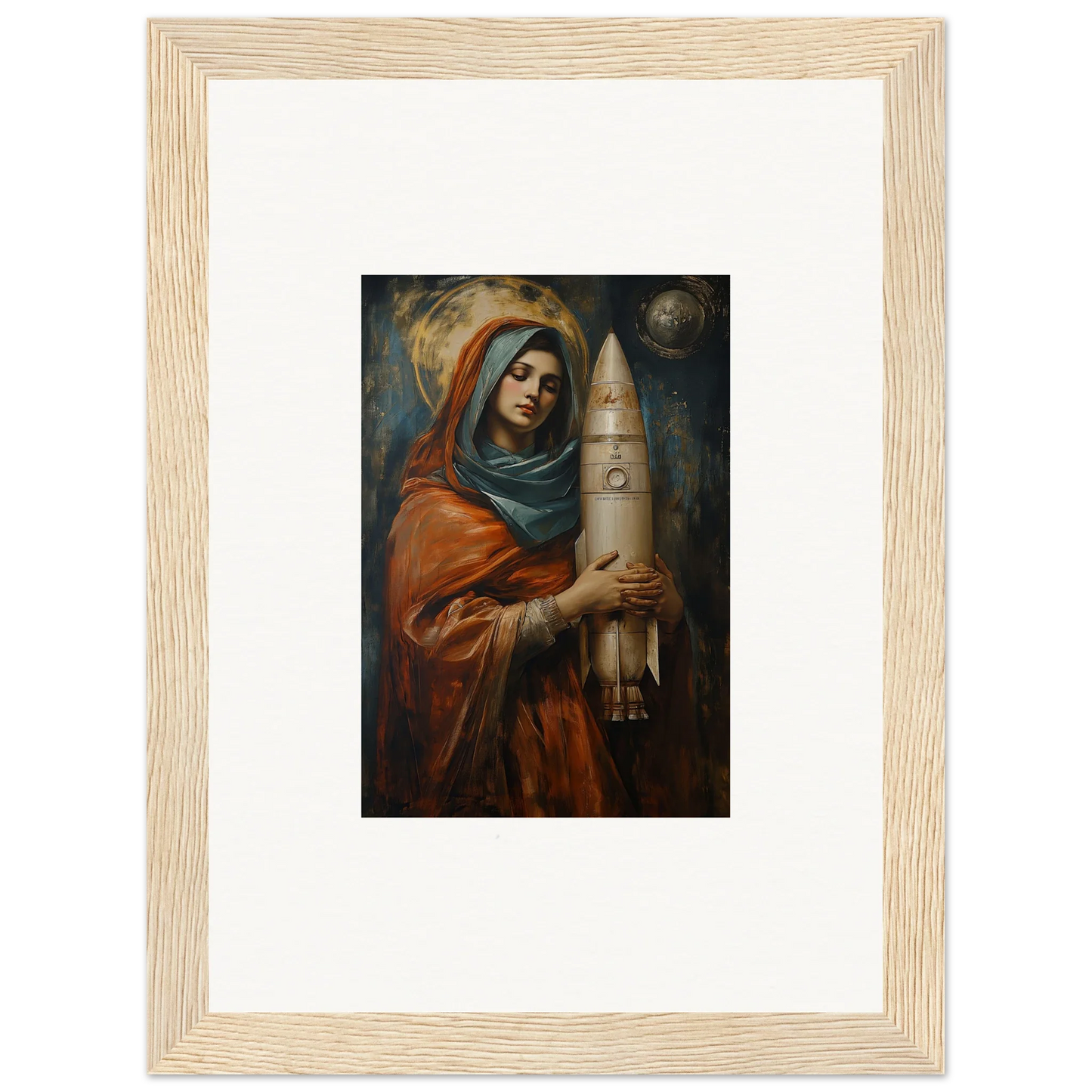 Framed wall art of a woman in robes with a rocket, perfect for quantum atelier room decor