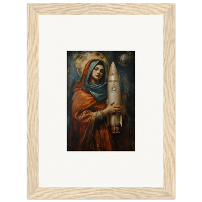 Framed wall art of a woman in robes with a rocket, perfect for quantum atelier room decor