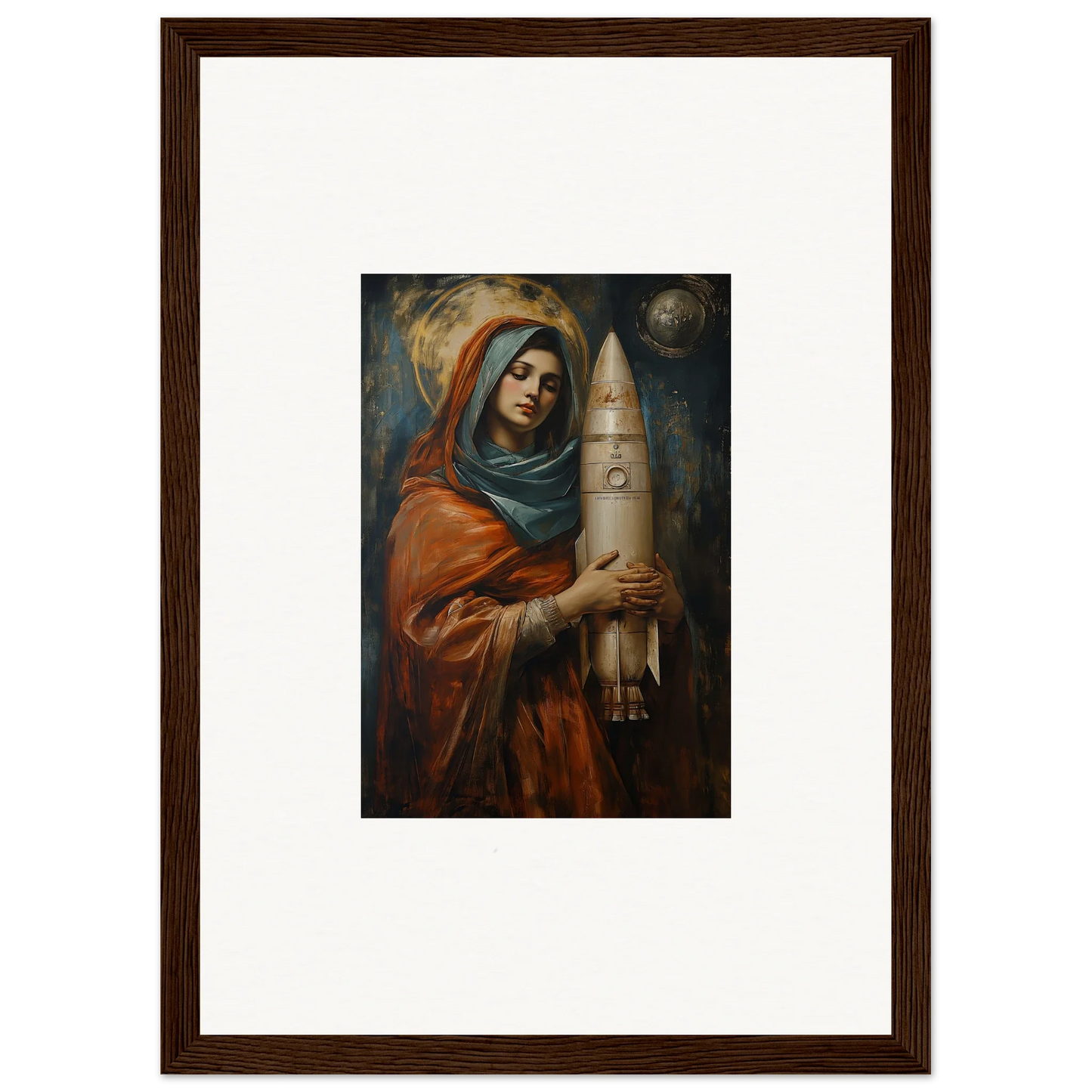 Framed wall art of a woman in robes with a rocket, perfect for Quantum Atelier room decor