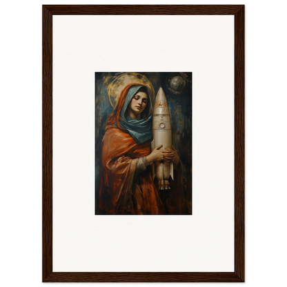 Framed wall art of a woman in robes with a rocket, perfect for Quantum Atelier room decor