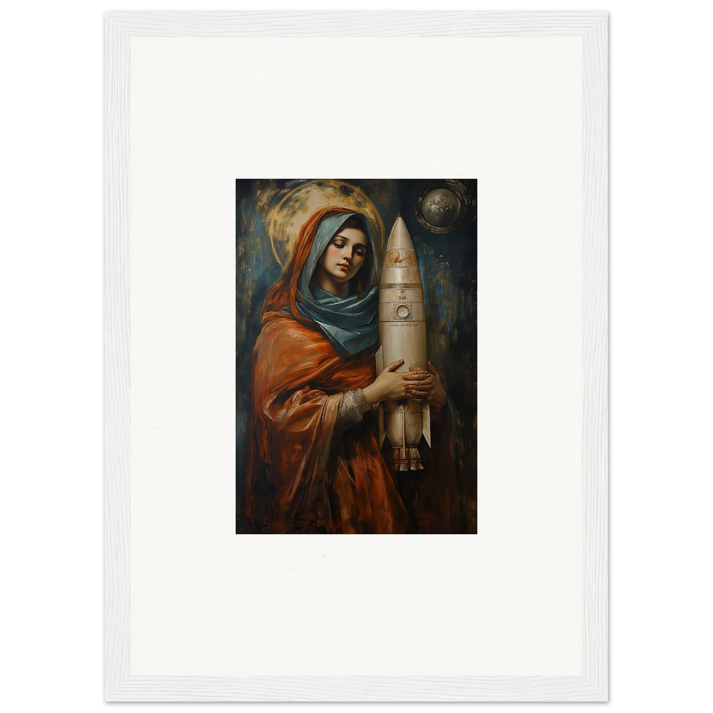 Framed wall art of a woman in robes with a rocket, perfect for Quantum Atelier room decor