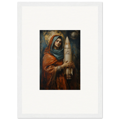 Framed wall art of a woman in robes with a rocket, perfect for Quantum Atelier room decor