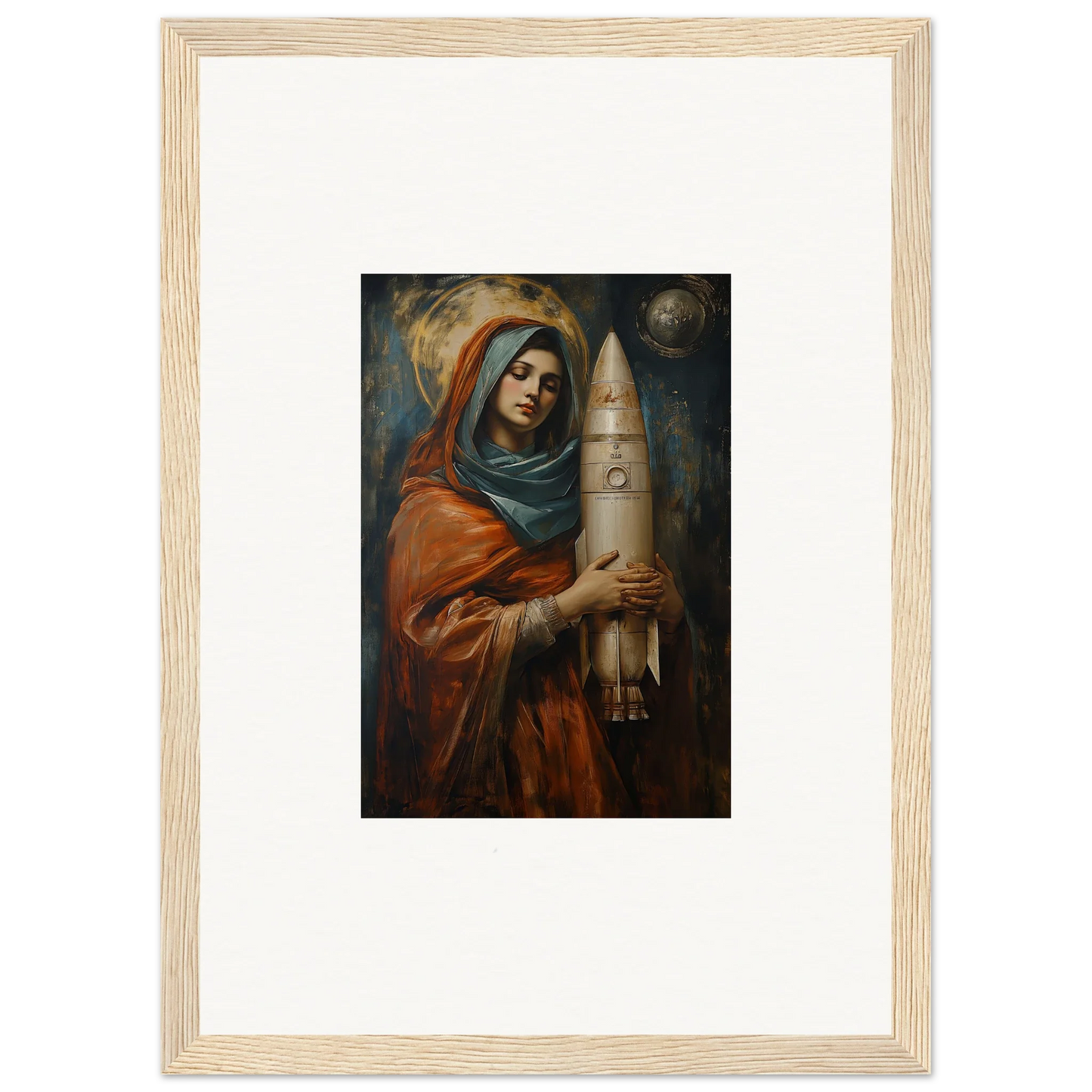 Framed wall art of a woman in robes holding an object for elegant room decor