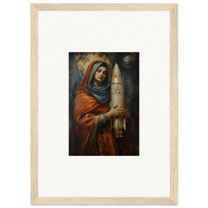 Framed wall art of a woman in robes holding an object for elegant room decor