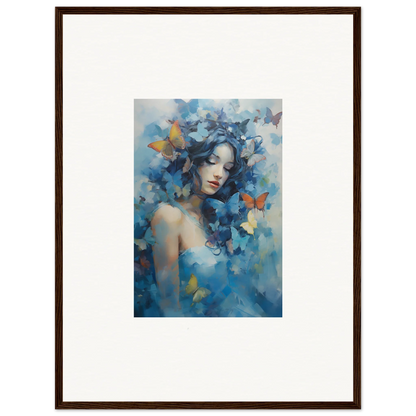 Framed wall art of a woman with blue butterflies for serene dream rhapsody room decor