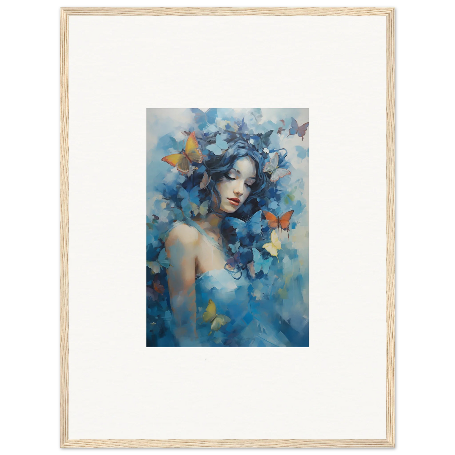 Framed wall art of a woman with blue butterflies for dream rhapsody room decor