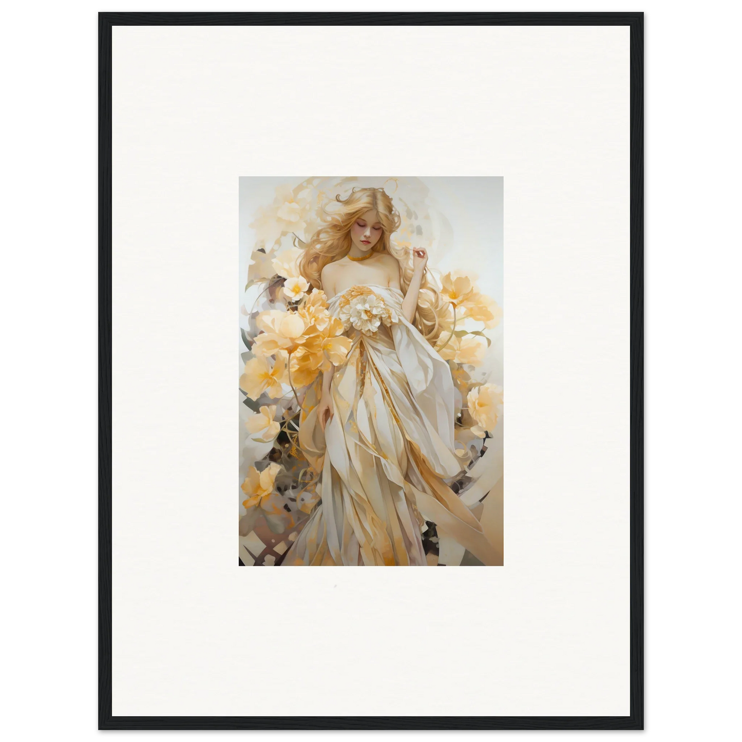 Framed wall art of a woman in a white dress surrounded by blossom sway and nature