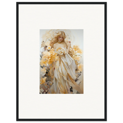 Framed wall art of a woman in a white dress surrounded by blossom sway and nature