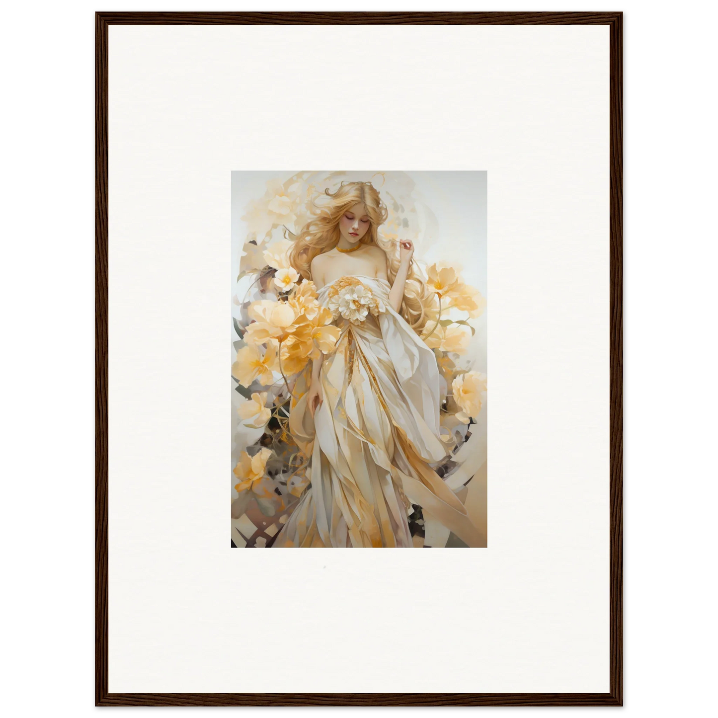 Framed wall art of a woman in white dress amidst yellow flowers for blossom sway room decor