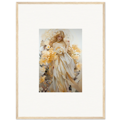 Framed wall art of a woman in a white dress with yellow flowers for room decor