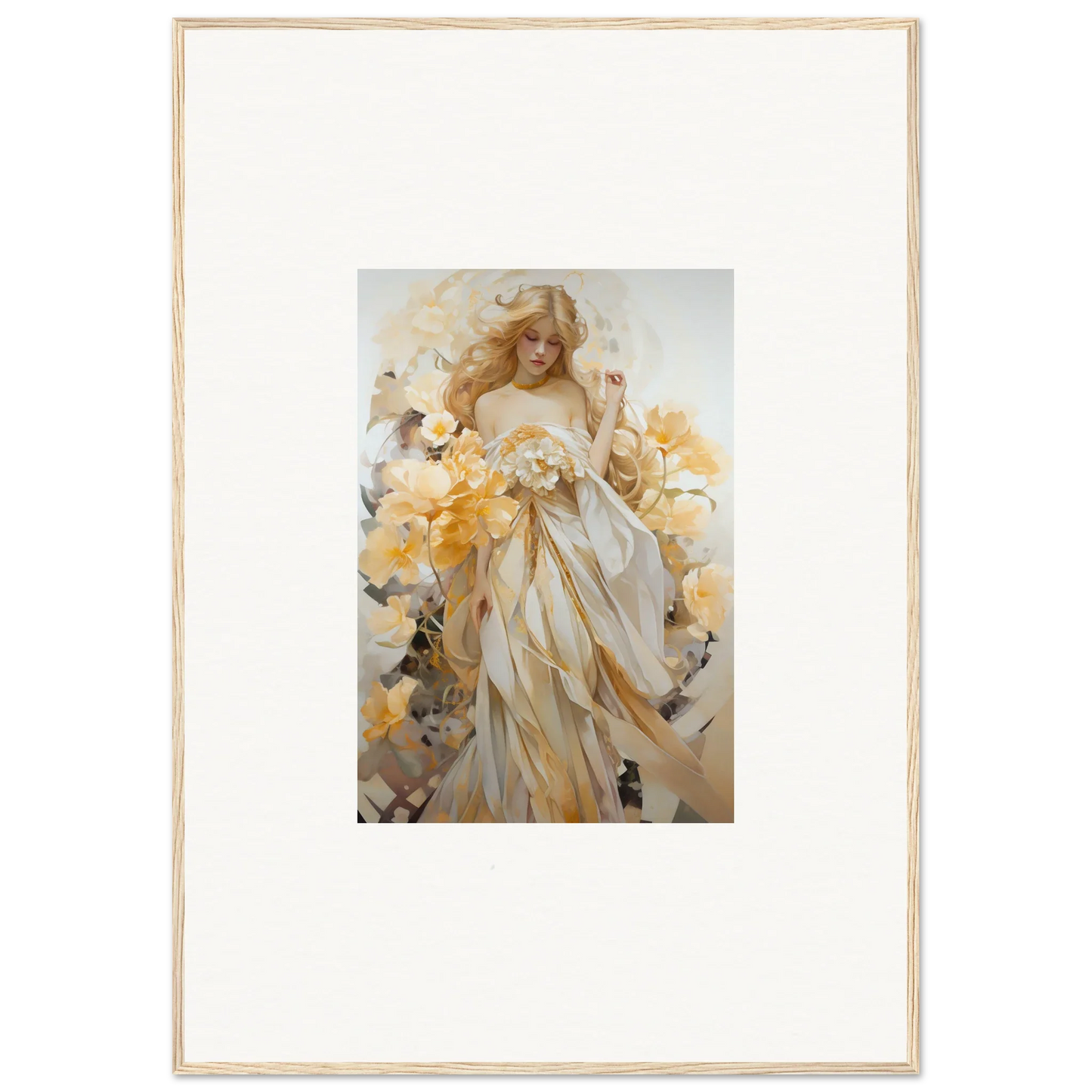 Framed wall art of a woman in white dress among yellow flowers for elegant room decor