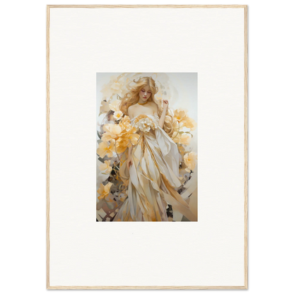 Framed wall art of a woman in white dress among yellow flowers for elegant room decor