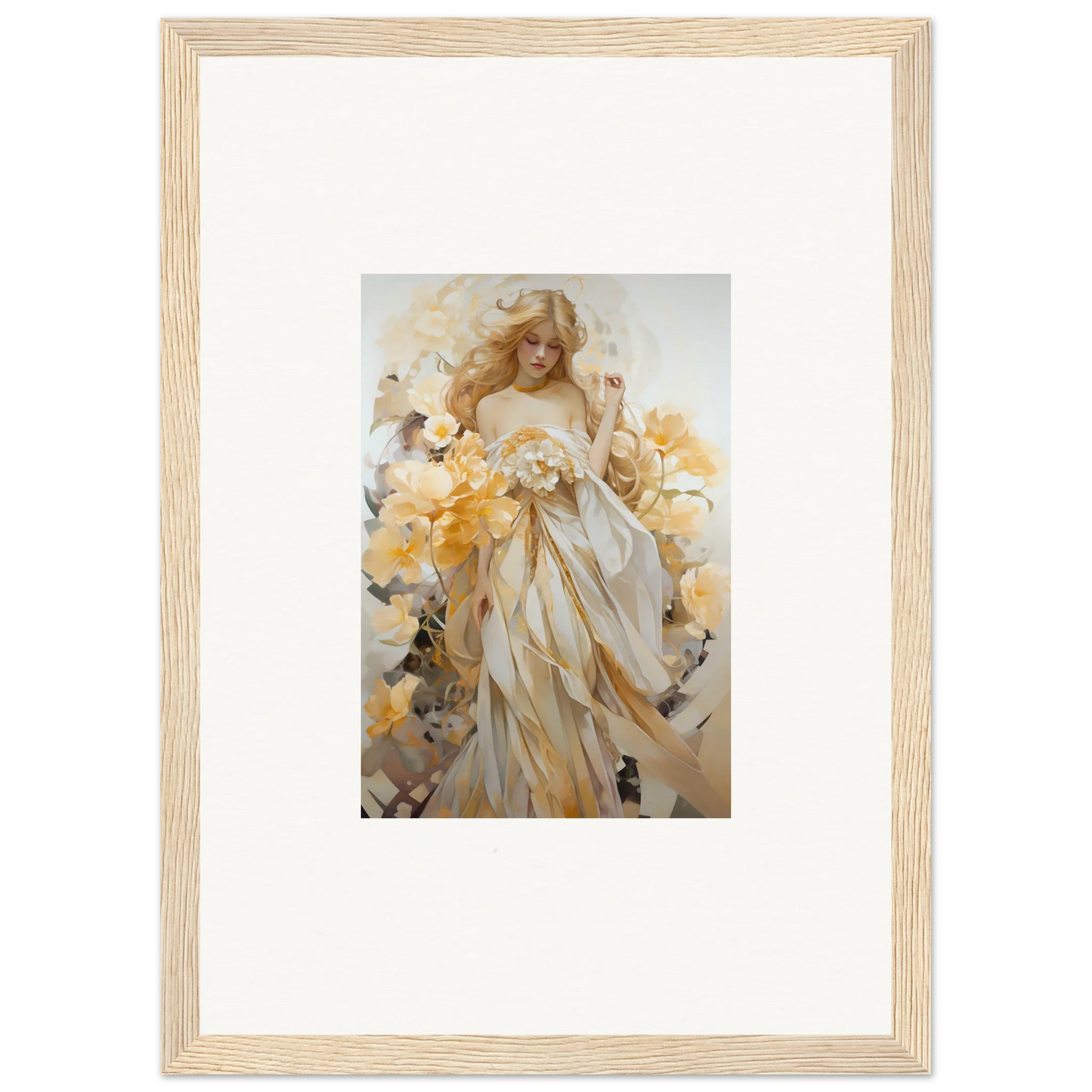 Framed wall art of a woman in a white dress amid yellow flowers for room decor