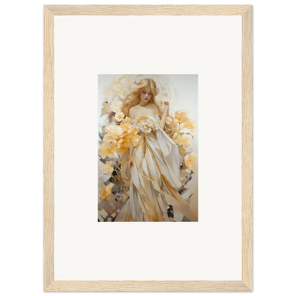 Framed wall art of a woman in a white dress amid yellow flowers for room decor