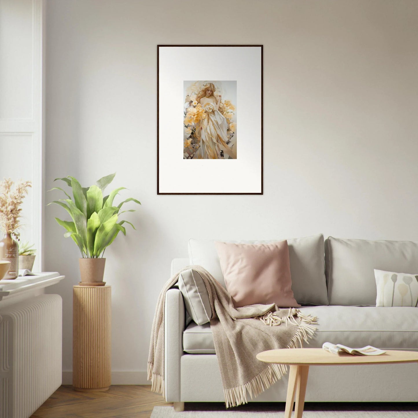 Framed wall art of a woman in a white dress, perfect for blossom sway room decor