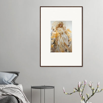 Framed wall art of a woman in a white dress amidst yellow flowers for room decor