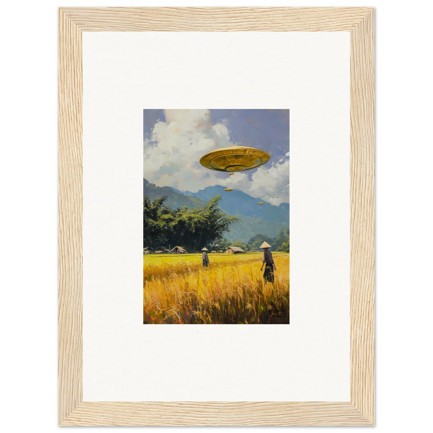 Framed wall art of a yellow airship over a field for unique room decor, Circles Kabuki