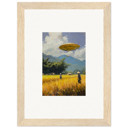 Framed wall art of a yellow airship over a field for unique room decor, Circles Kabuki