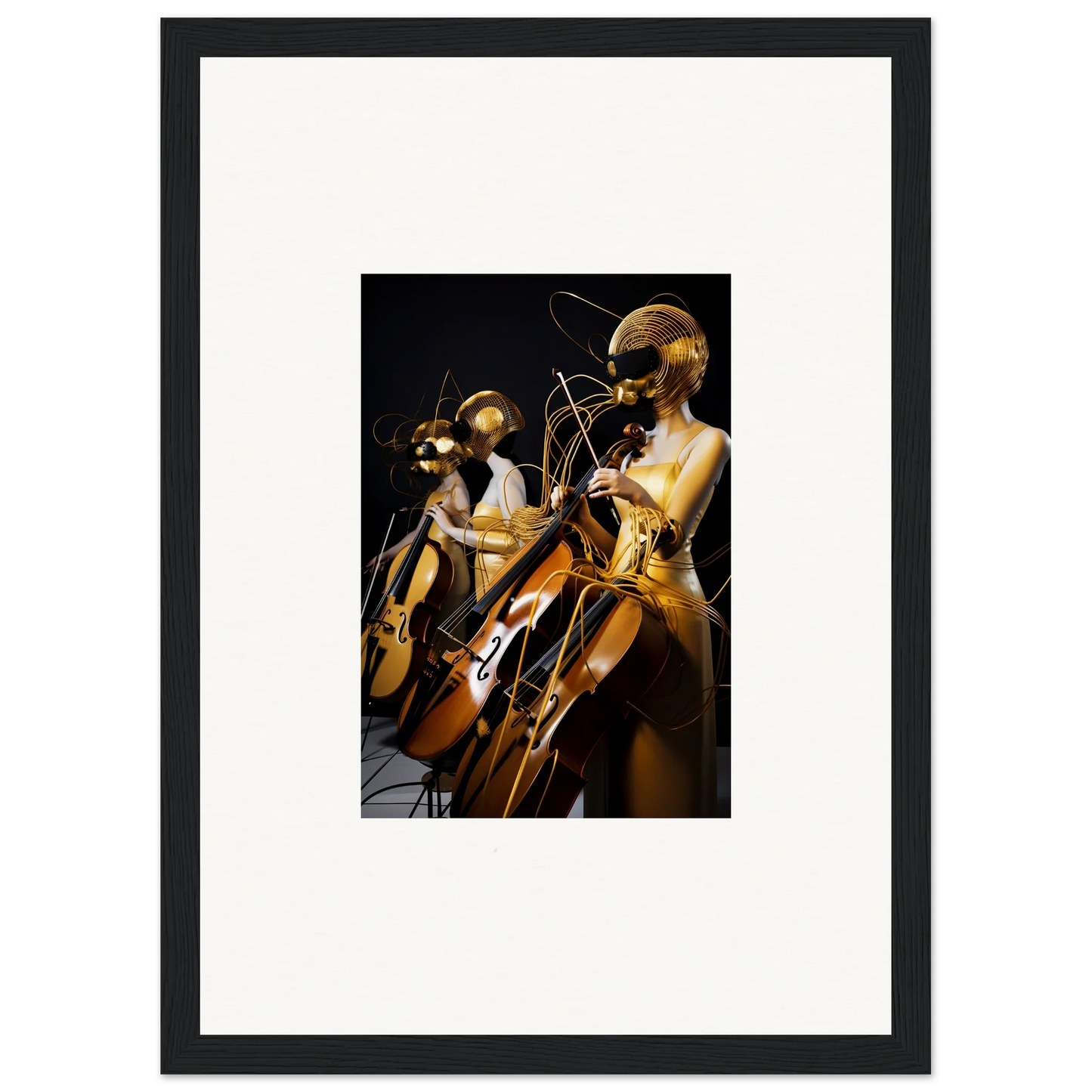 Framed wall art of alien figures in Electric Amber Crescendo for unique room decor