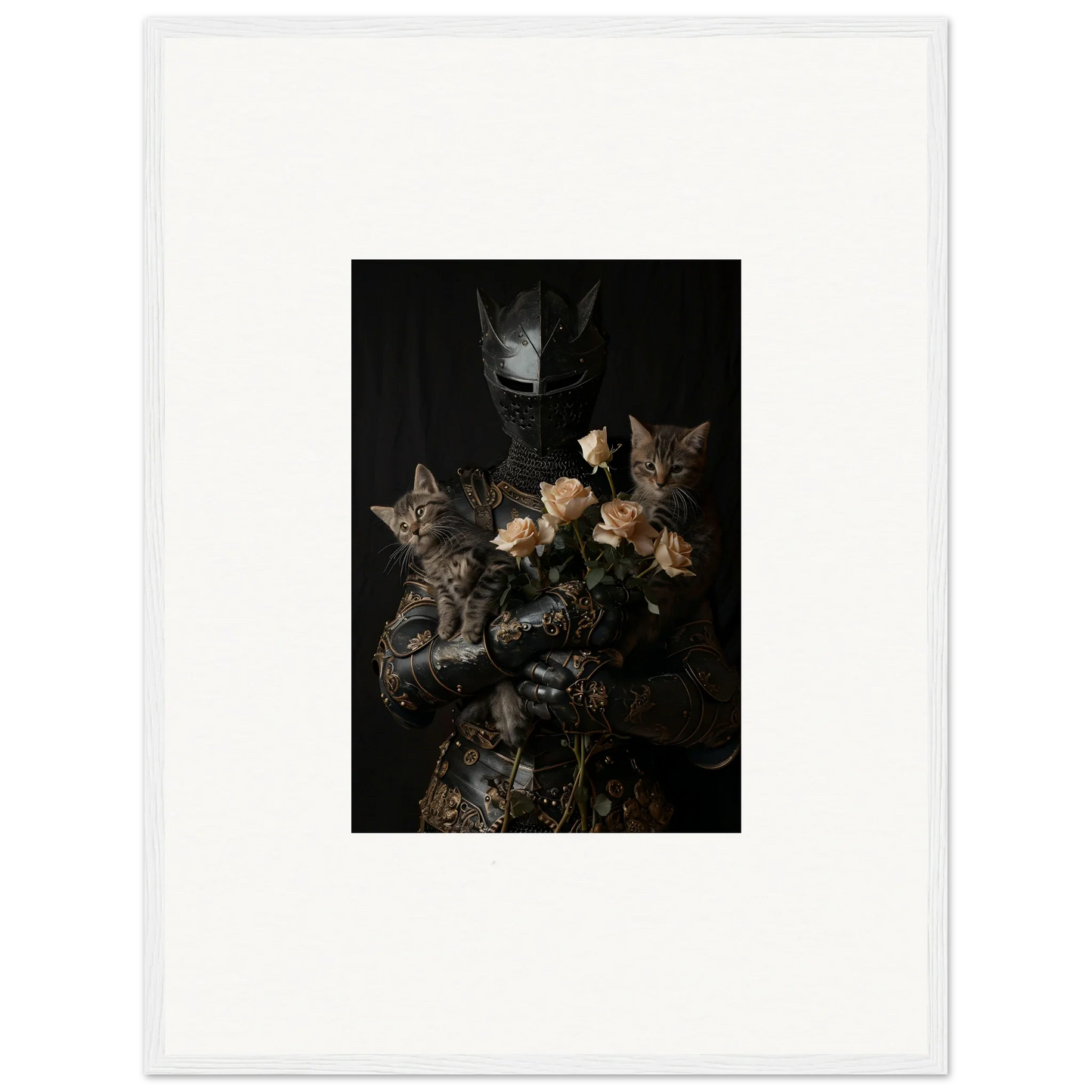 Framed wall art of a cat with yellow roses, perfect for Floral Cuddle Chaotica room decor