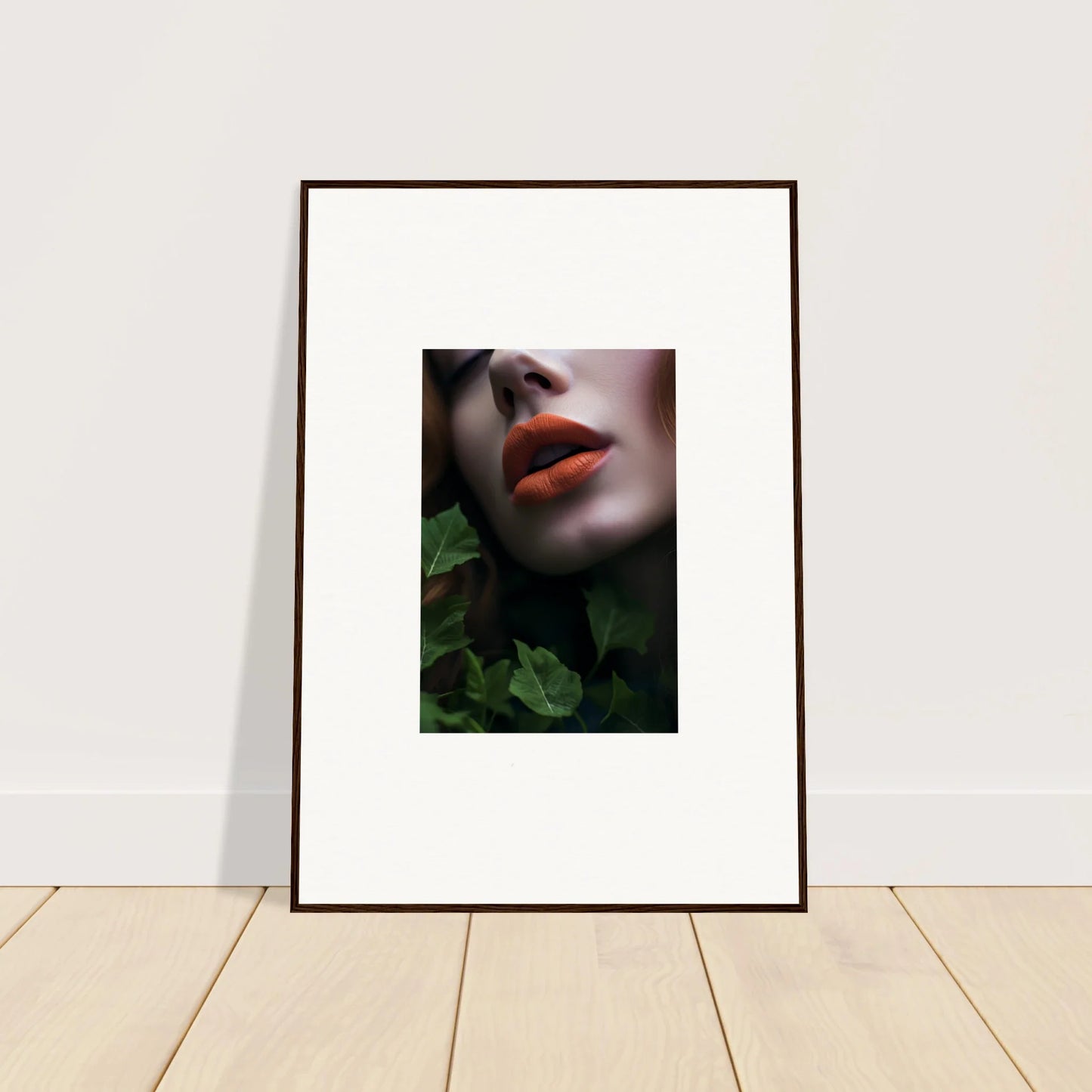 Framed wall art of bright red lips with green foliage in a vibrant Leaf Symphony design