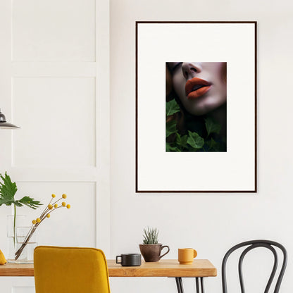 Framed wall art of red lips and green leaves for a vibrant Leaf Symphony room decor