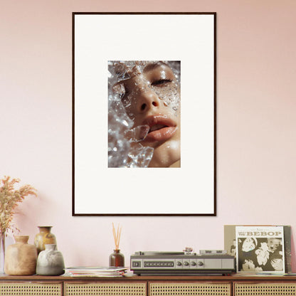 Framed wall art of a close-up facial portrait with water droplets, Whispering Dreamer