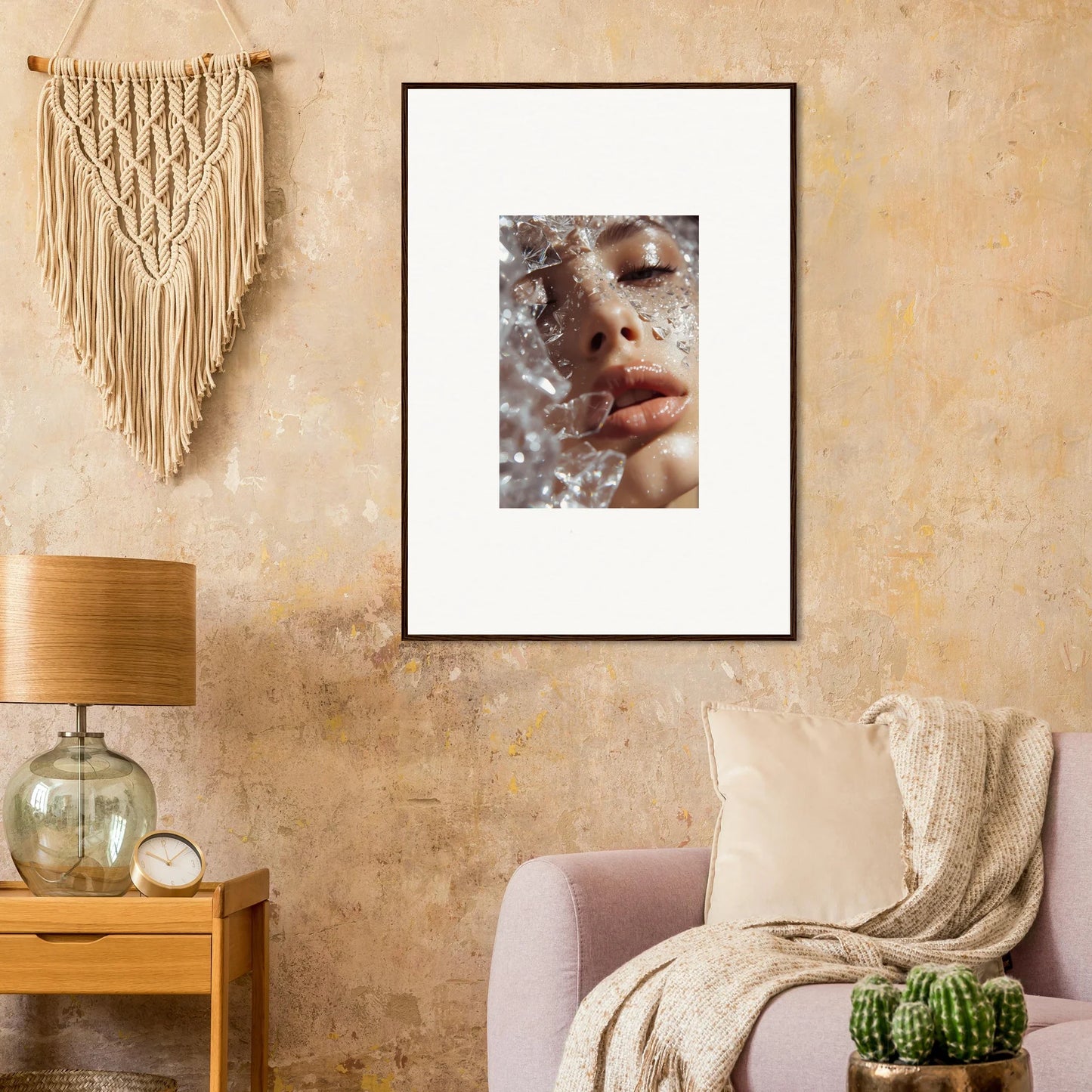 Framed wall art of a close-up facial portrait with water droplets for Whispering Dreamer decor