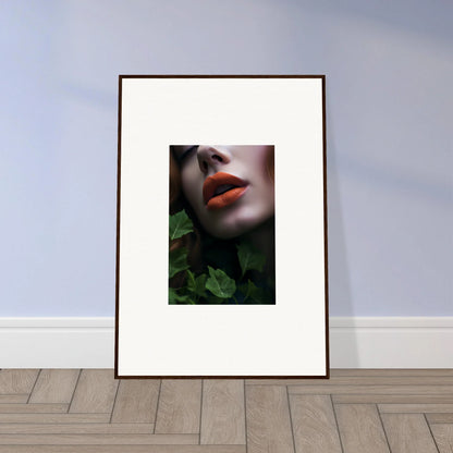 Framed wall art of close-up lips with green foliage in Euphoric Leaf Symphony design