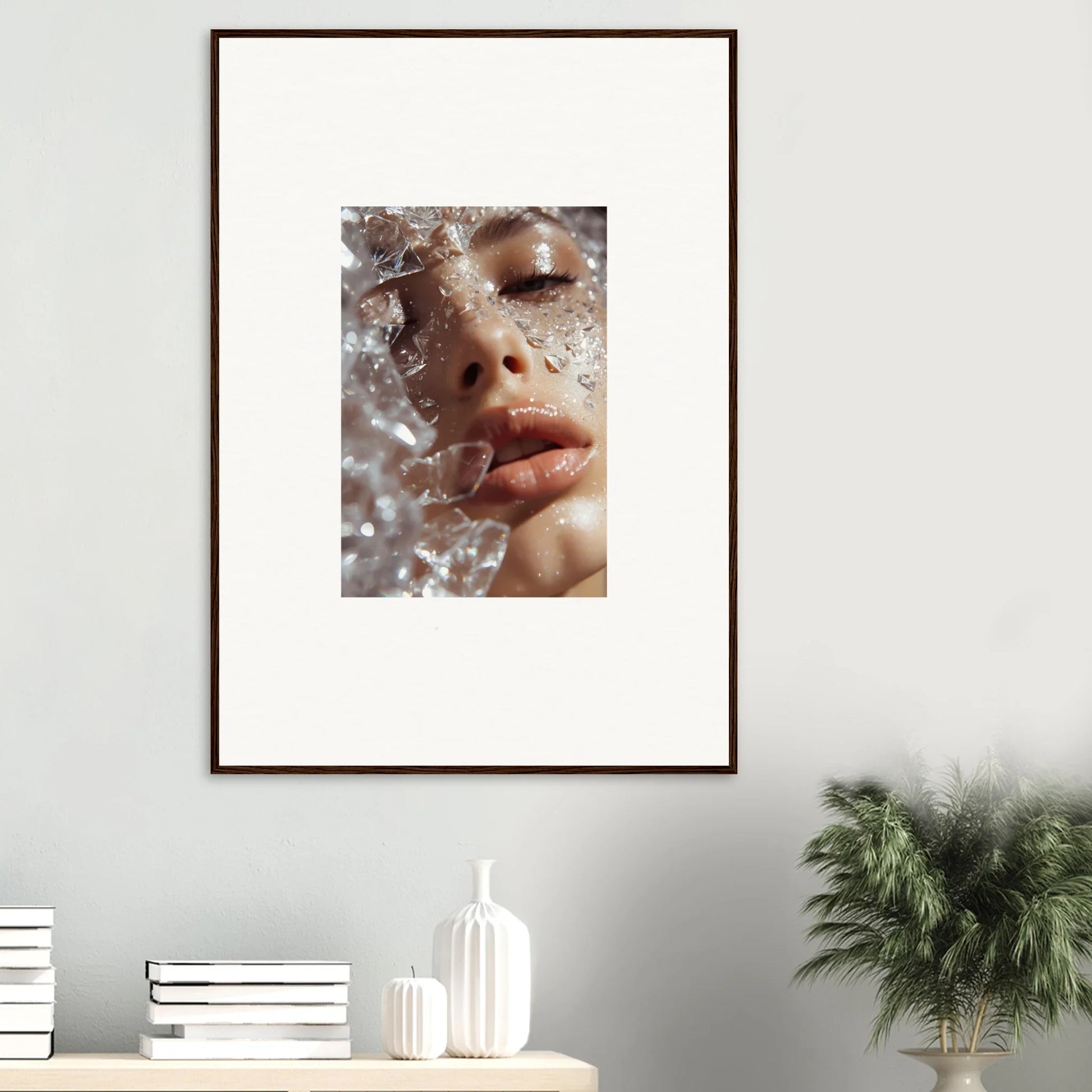 Framed wall art of a close-up face with water droplets for Whispering Dreamer decor