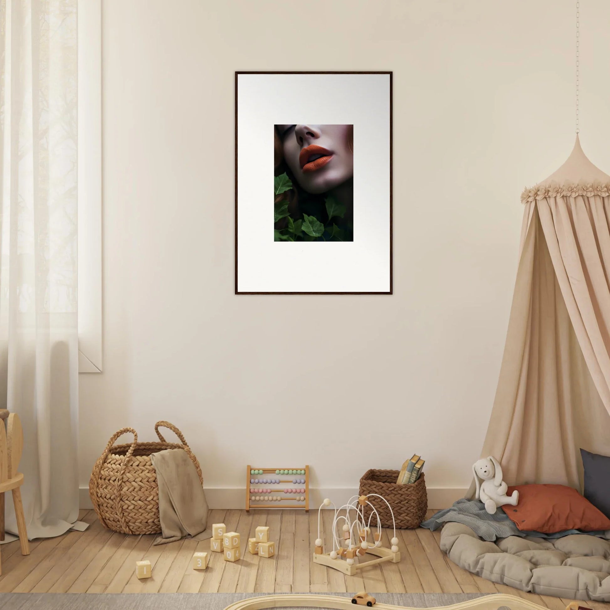 Framed wall art featuring red lips surrounded by green foliage in Leaf Symphony theme