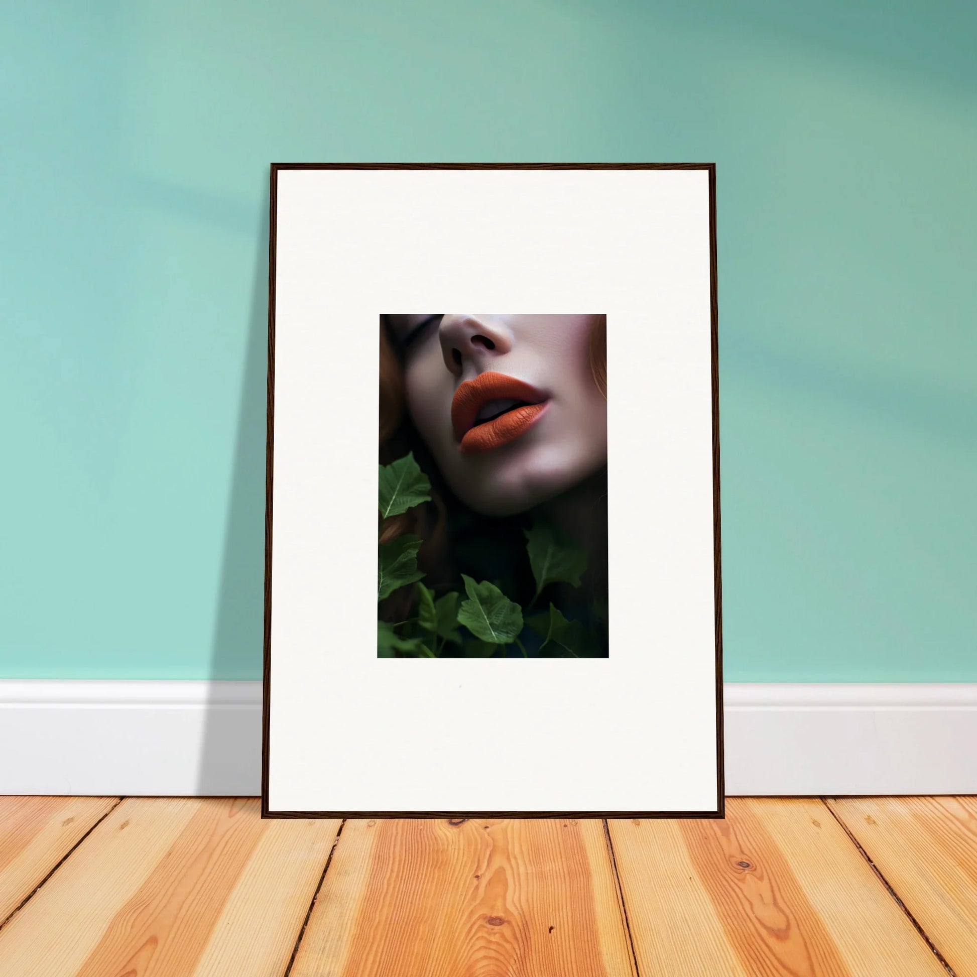 Framed wall art featuring red lips and green foliage for vibrant room decor