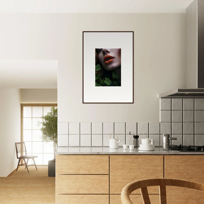 Framed wall art of red lips and green foliage for a stunning Leaf Symphony decor