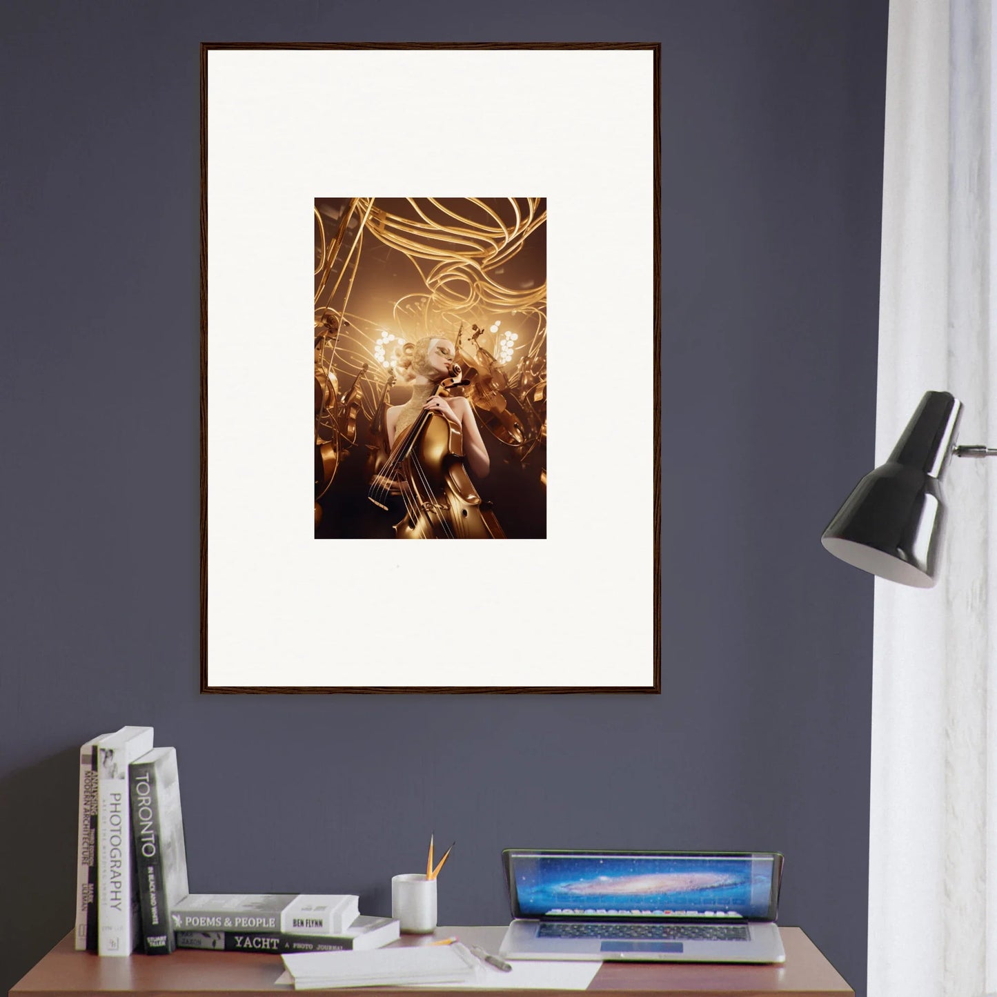 Framed wall art of a lively concert scene for vibrant room decor in Golden Harmony Enigma