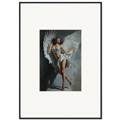 Framed wall art of a figure with large white wings, perfect for bliss effervescent room decor