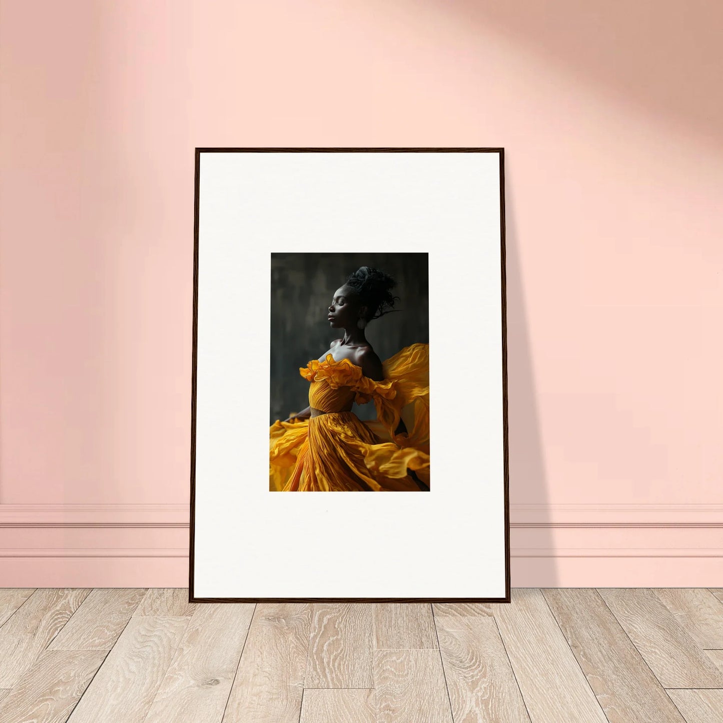 Framed wall art featuring a figure in a yellow dress, perfect for adding silence rapture to room decor