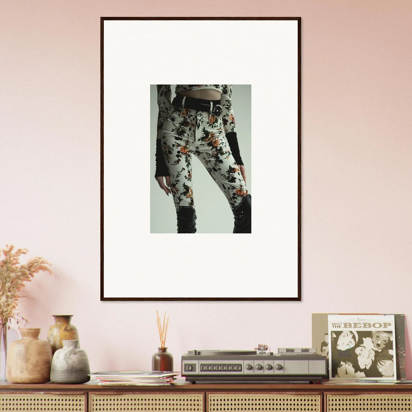 Framed wall art of floral-patterned pants from Whispering Garden Couture for stylish decor