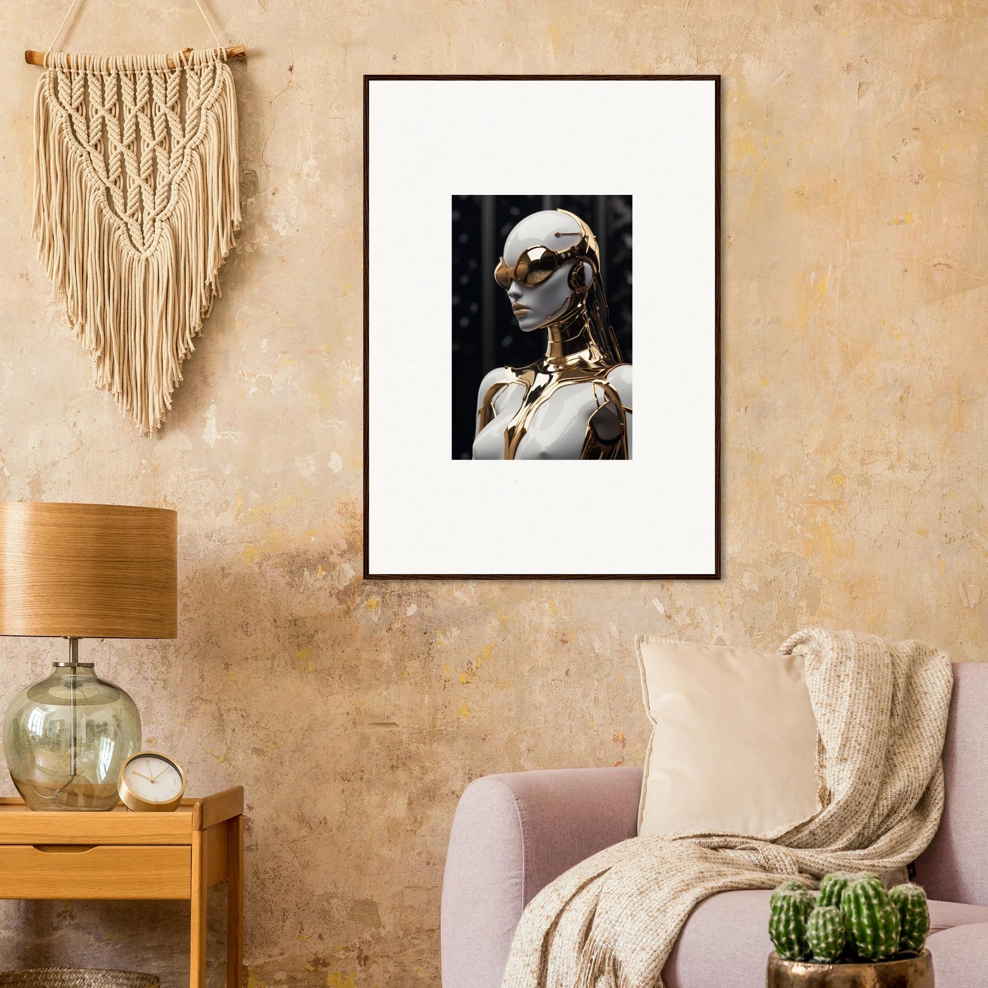 Framed wall art of a metallic humanoid figure, perfect for Psyche Glimmer room decor