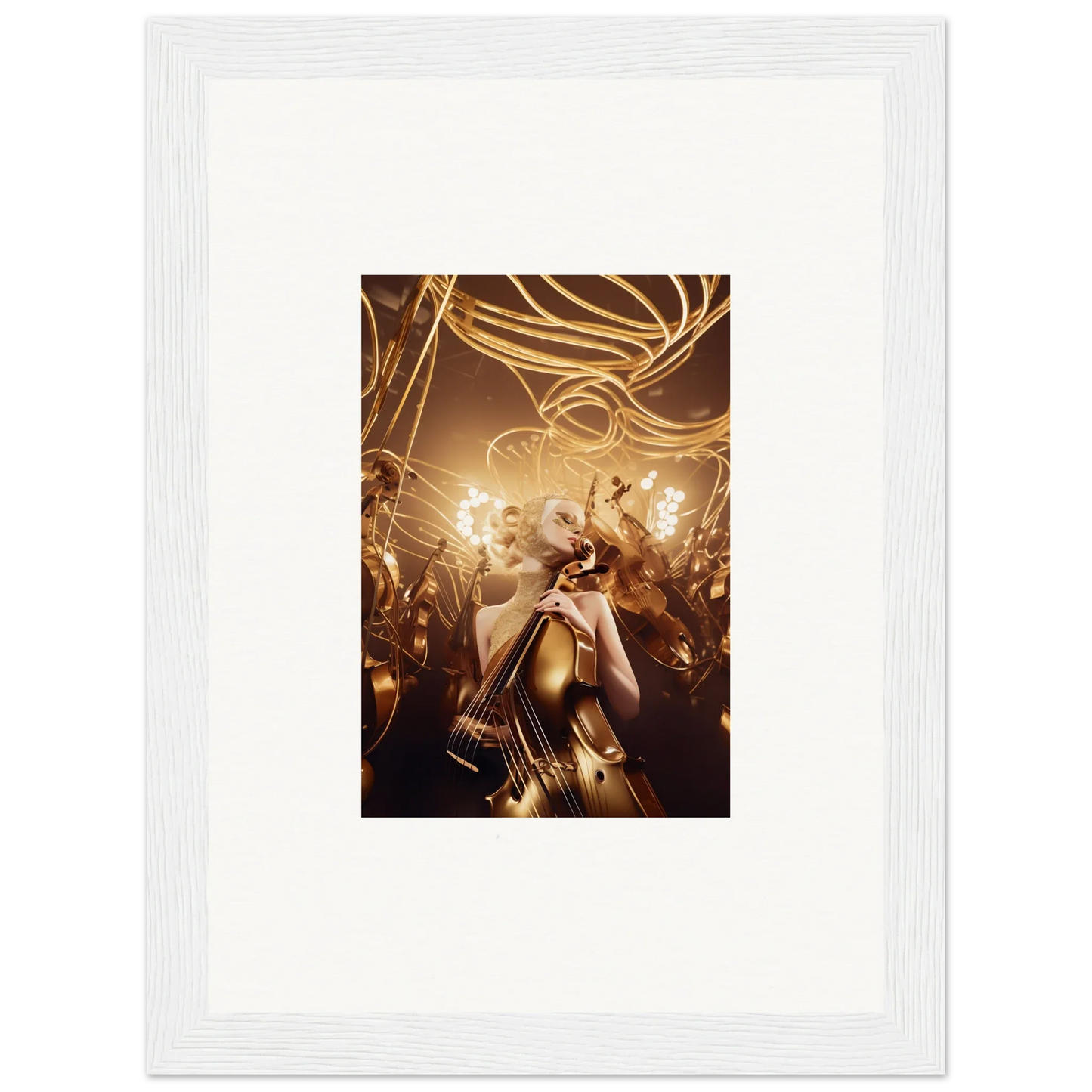 Framed wall art of a glamorous figure in golden attire, embodying Harmony Enigma